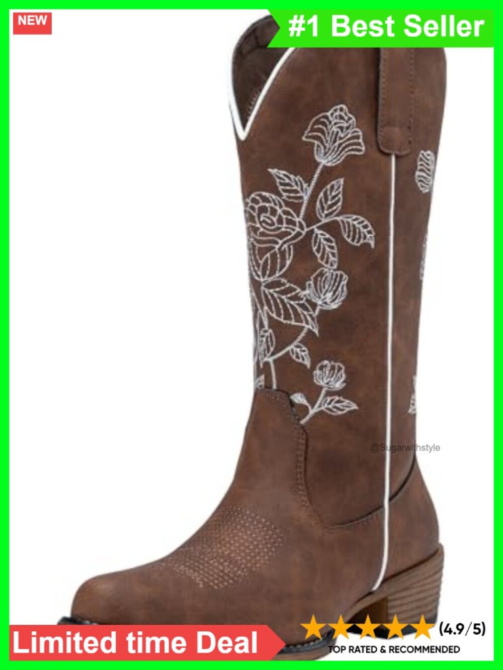 Western Cowboy Boots Mid Calf Zip Floral Embroidery Low Heel